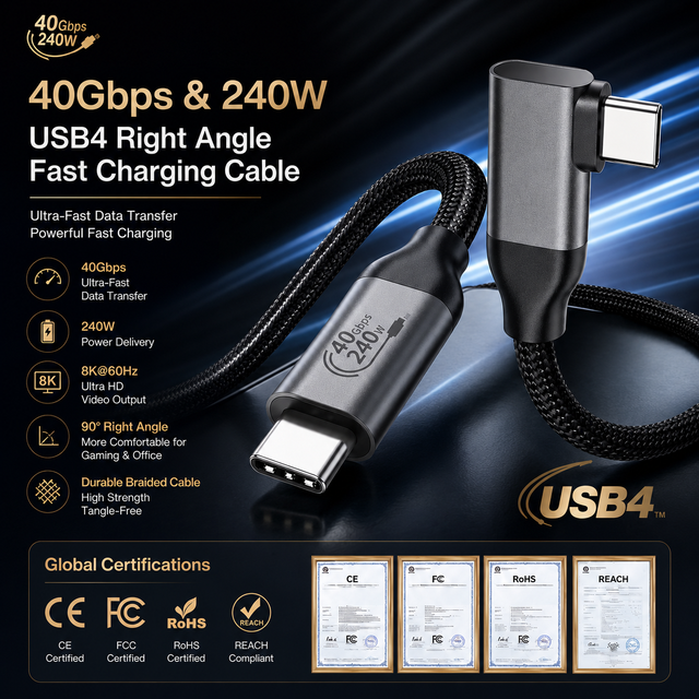 LUNG KAY Custom USB4 5A Fast Charging Thunderbolt Data Cable Nylon Braid 90 Type-C Connector Conductor 2m for Computer 8K Screen