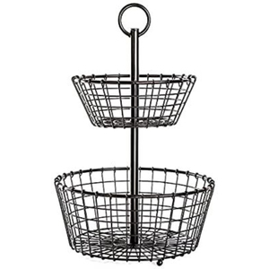 Cesta de Almacenamiento Redonda de 2 Niveles Hecha a Mano, Cesta de Almacenamiento de Metal con Acabado Negro para Artículos de Cocina, Estilo Industrial - Product Image 1