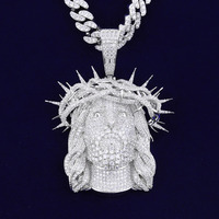 Collier Pendentif Visage de Jésus Chrétien en Argent 925 Moissanite Taille Brillante pour Homme, Style Hip Hop/Rock/Street Wear, Sertissage Pavé, Chaîne Cordon