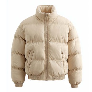 Wholesale Men's Beige Puffer <b>Jacket</b> Solid Color Windproof Winter Zipper Closure Stand Collar Regular Fit Casual Lightweight - Product Image 6