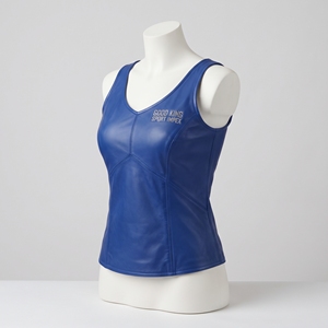 Royal Blue Leather V Neck Tank <b>Top</b> <b>Women</b> Sleeveless Empire Seam Panel Fitted <b>Vest</b> Silver Thread Logo Embroidery Bespoke Clothing - Product Image 4