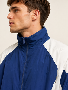 Ensemble de survêtement à capuche pour homme, bleu et blanc, à blocs de couleur, demi-manches, fermeture éclair, style sportif décontracté, respirant, léger, coupe classique - Product Image 6
