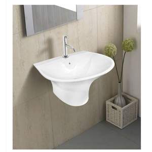 Lavabo rectangular de cerámica avanzado para colgar en la pared, 485x445x300mm, con pedestal de media columna, flotante, para baño, superficie lisa - Product Image 1