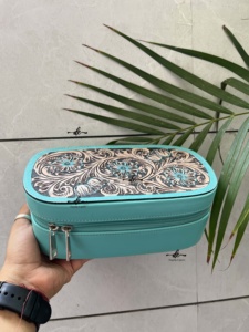 Caja de almacenamiento de cosméticos de maquillaje elegante de cuero con herramientas manuales, caja organizadora de baño de tocador de color turquesa, novedad - Product Image 2
