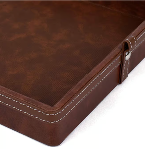 Luxury Brown Leather Serving Tray with Handles Rectangular Decorative Ottoman Breakfast <b>Coffee</b> <b>Table</b> Tray - Product Image 2