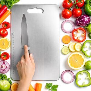 Planche à découper ronde en acier inoxydable, antidérapante, passe au lave-vaisselle, pour la cuisine, la découpe des légumes, la préparation des aliments - Product Image 6