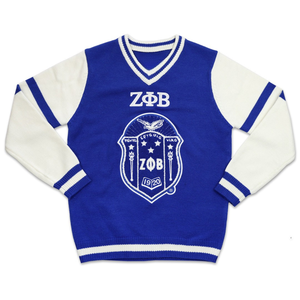 เสื้อสเวตเตอร์คอวีสีน้ำเงินขาว Zeta Phi Beta ปักตัวอักษรกรีก ZPB สำหรับผู้หญิง แต่งขอบยางยืด เสื้อถักคุณภาพพรีเมียม - Product Image 1