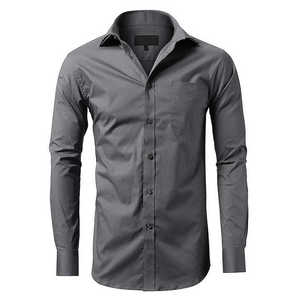 Chemise habillée homme gris foncé à manches longues, couleur unie, col rabattu, manches complètes, formelle, infroissable, en tissu popeline - Product Image 1