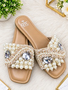 Women Pearl Beaded Flat Slide <b>Sandals</b> Suede Upper Pointed Toe Comfortable Anti-Slip <b>Elastic</b> Band Outdoor All Season Shoes - Product Image 2