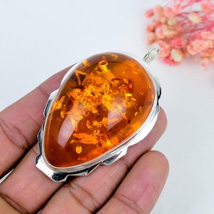 Pendentif élégant vintage plaqué or/argent en argent sterling 925 fait main avec charme en ambre naturel de la Baltique certifié par un tiers - Product Image 3