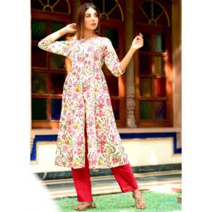 Ensemble de kurta décontracté rose à fleurs avec manches trois-quarts, taille XS - Product Image 1