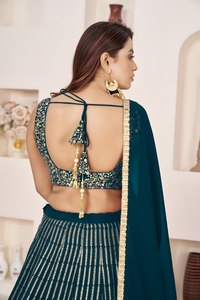 Blue <b>Sequin</b> Chiffon Striped Short Sleeve Lehenga Choli Set Embroidered Banarasi Style Full Women Outfit Dupatta Wedding Party - Product Image 4