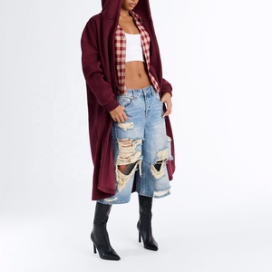 Top Product <b>Women's</b> Extra <b>Long</b> <b>Hooded</b> <b>Cardigan</b> Coat Open Front Solid Burgundy Casual Autumn Outerwear Custom Fleece Trench Coat - Product Image 5