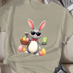 Camiseta Casual de Manga Corta con Cuello Redondo para Mujer, con Estampado de Conejo Animado y Huevos de Pascua en Tejido de Punto de Poliéster - Product Image 1