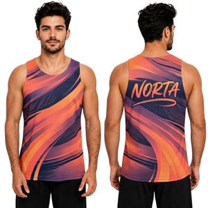 <b>Navy</b> Sublimated Wave Flowing Graphic Polyester Interlock Fabric Heavyweight 220 GSM Performance Athletic Men Training Tank Tops - Product Image 1