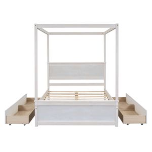Lit à baldaquin en bois brossé blanc pleine grandeur avec quatre tiroirs et sommiers à lattes – aucun sommier tapissier nécessaire - Product Image 5