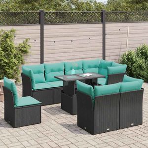 Set di divani da giardino in polyrattan nero da 9 pezzi con cuscini, mobili da esterno - Product Image 1