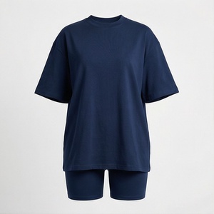 Conjunto de 2 Piezas para Mujer, Camiseta de Manga Corta Tejida Azul Marino Sólido y Pantalones Cortos por Encima de la Rodilla, Estilo Casual Holgado para Primavera/Verano - Product Image 1