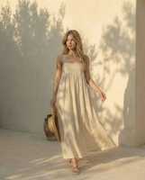 Robe longue évasée col en V respirante et écologique en tissu tissé style bohème pour femme, bretelles spaghetti, couleur unie, coupe ample, tenue de plage estivale
