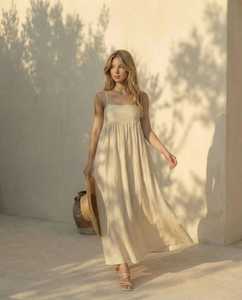 <b>Boho</b> Woven Eco-friendly V-neck Flared Hem Maxi Dress Women Spaghetti Strap Solid Color Loose Fit Summer Beach Wear 100% Linen - Product Image 4