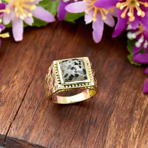 Anillo de sello de oro vermeil de 18 quilates con jaspe dalmático para hombre, joyería fina, diseños de anillos de plata 925, joyería de oro al por mayor - Product Image 2
