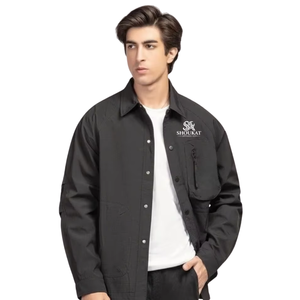 Veste utilitaire noire pour homme, multi-poches, boutonnée, vêtements de travail, veste décontractée pour l'extérieur, veste de terrain à manches longues, col rabattu, logo personnalisé - Product Image 1
