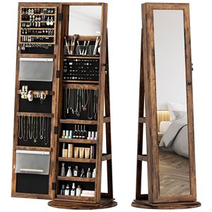 Armadio Portagioielli Girevole a 360 Gradi in Stile Rustico Marrone, con Specchio a Figura Intera e Ripiani Portaoggetti - Product Image 1