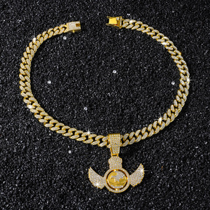 Collane con Ciondolo Ali d'Angelo Iced Out, in Lega Placcata Oro con Strass, Catena Cubana da 13mm, Gioielli Unisex Hip Hop Bling con Cristalli - Product Image 6