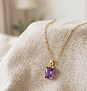 Collar con Colgante de Amatista en Plata de Ley S925, Chapado en Oro de 18K, Cadena de Eslabones Moderna, Joyería con Dije Geométrico para Mujer - Product Image 1