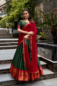 Ivory <b>Red</b> Poly Cotton Lehenga Choli Set Zari Weaving Work Traditional Indian Outfit Wedding Party Festive Wear <b>Women</b> Recycled - Product Image 6