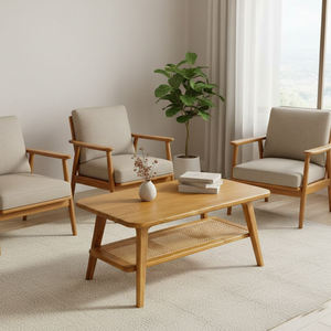 Mesa de Centro de Madera Duradera y Ecológica de Estilo Moderno de Mediados de Siglo con Estante de Almacenamiento de Ratán, Madera Sólida para Sala de Estar, Proyecto Hotelero - Product Image 6