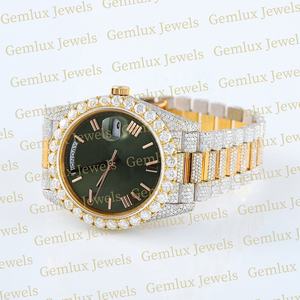 Luxury Wear Iced Out D VVS Moissanite Diamond Green Dial Two Tone Roman Dial Stainless Steel Diamond <b>Watch</b> For Men - Product Image 3