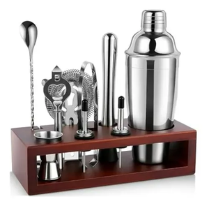 Juego de herramientas de barman de acero inoxidable plateado con soporte de madera para fiestas, juego completo de herramientas para barra de cócteles - Product Image 2