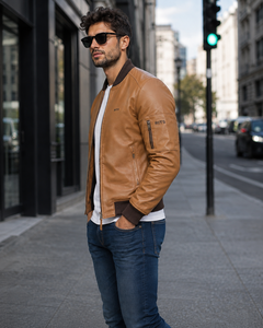 Blouson aviateur en cuir véritable pour homme RITS, marron, col rabattu, fermeture éclair, vêtement décontracté pour l'automne, prix avantageux, best-seller - Product Image 3