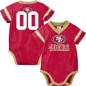 San Francisco 49ers Red Mesh Baby Jersey <b>Bodysuit</b> with Gold Trim and Team Logo Personalized - Product Image 1