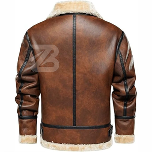 <b>Men's</b> Genuine Leather Aviator <b>Jacket</b> With Faux Fur Collar Zipper Closure Winter Moto Biker Style Thick Warm Coat - Product Image 6