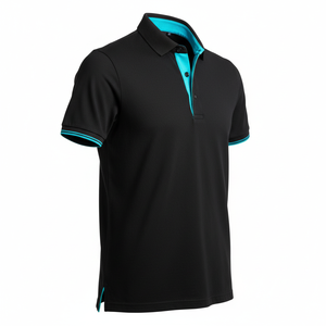 Men's Cotton Pique <b>Polo</b> Shirt <b>Black</b> Turquoise Trim Custom Logo OEM Manufacturer Wholesale Golf Casual Short Sleeve - Product Image 1