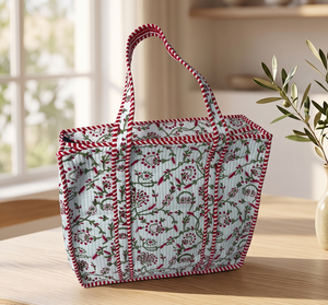 National Fashion Light Blue Cotton Hand Block Printed Floral Print Quilted Large Tote <b>Bag</b> for <b>Women</b> Zipper Shopping <b>Beach</b> Use - Product Image 1