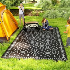 Tapis d'extérieur réversible noir et gris à motif losanges 9FT X 18FT en paille plastique imperméable avec sac de transport - Product Image 2