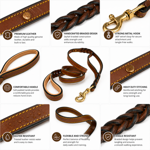 Luxury Genuine Leather <b>Dog</b> <b>Leash</b> Heavy Duty Braided Pet Lead with Padded Handle Solid Brass Hook Lace Fashion Simple Large <b>Dogs</b> - Product Image 4