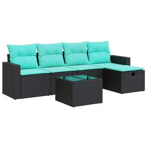 6 Piece <b>Black</b> Poly Rattan Patio <b>Sofa</b> Set With Cushions Outdoor <b>Garden</b> Furniture Waterproof Contemporary Design - Product Image 2