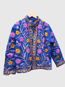 Veste en coton bleu brodée de fleurs, col mandarin, manches longues, broderie à la main, grande taille, vêtements de printemps pour femmes - Product Image 1