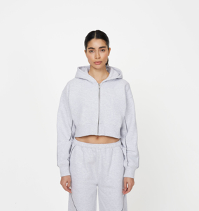 Sudadera con capucha corta de algodón rosa de alta calidad con bordado y estampado, cremallera completa, hombros caídos y corte oversize para mujer - Product Image 1