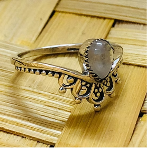<b>Dainty</b> Crown <b>Ring</b> Made From Solid Sterling Silver With Small Pear Shaped White Moonstone Gemstone Engagement Jewelry - Product Image 3