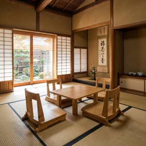 Juego de mesa de comedor de madera de teca maciza de estilo japonés, 4 sillas Zaisu sin patas, Tatami Tea Chabudai, muebles minimalistas modernos - Product Image 2