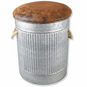 Tabouret de rangement en métal galvanisé avec siège rembourré en similicuir et poignées en corde, style vintage, pouf rond pour la décoration intérieure - Product Image 1