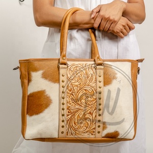 Handmade Large Cowhide Tote <b>Shoulder</b> Bag Genuine Leather with Tooling Patch and Matching <b>Straps</b> Portable Mid Hairon Design - Product Image 2