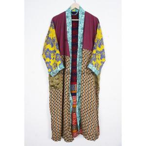 Kimono Robe Unique Fait Main Vintage Japonais 100% Soie Satinée Col en V avec Cordon de Serrage pour Femme, Patchwork Long Élégant et Doux pour l'Été - Product Image 2