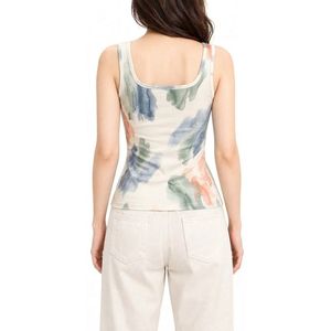 Wide Scoop Neck Polyester <b>Tank</b> <b>Top</b> Ultra Fine Pastel Floral <b>White</b> Airy Lightweight Vibrant Resort Sleeveless <b>Tops</b> - Product Image 3