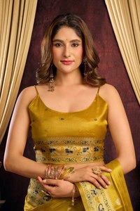 Women's <b>Golden</b> Silk Floor-Length Traditional <b>Saree</b> With Embroidered Border India Pakistan Style Wedding Wear - Product Image 3